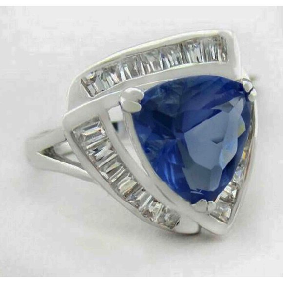 Lab Created Tanzanite 6.72 Cts & White Sapphires Ring Silver Plated - Picture 2 of 4